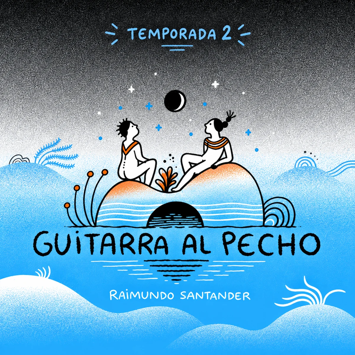 Portada ilustrada de Guitarra al Pecho, temporada 2: dos personas en una isla bajo la luna